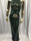 4 Way Stretch - Hunter Green - Triangle Design Sequins Fabric Embroidered Mesh Sold By The Yard