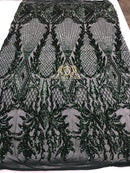 4 Way Stretch - Hunter Green - Triangle Design Sequins Fabric Embroidered Mesh Sold By The Yard