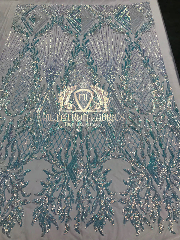 4 Way Stretch - Baby Blue - Triangle Design Sequins Fabric Embroidered Mesh Sold By The Yard
