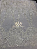 4 Way Stretch - White - Triangle Design Sequins Fabric Embroidered Mesh Sold By The Yard
