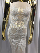 4 Way Stretch - White - Triangle Design Sequins Fabric Embroidered Mesh Sold By The Yard