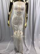 4 Way Stretch - White - Triangle Design Sequins Fabric Embroidered Mesh Sold By The Yard