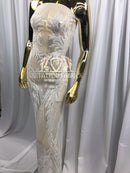 4 Way Stretch - White - Triangle Design Sequins Fabric Embroidered Mesh Sold By The Yard