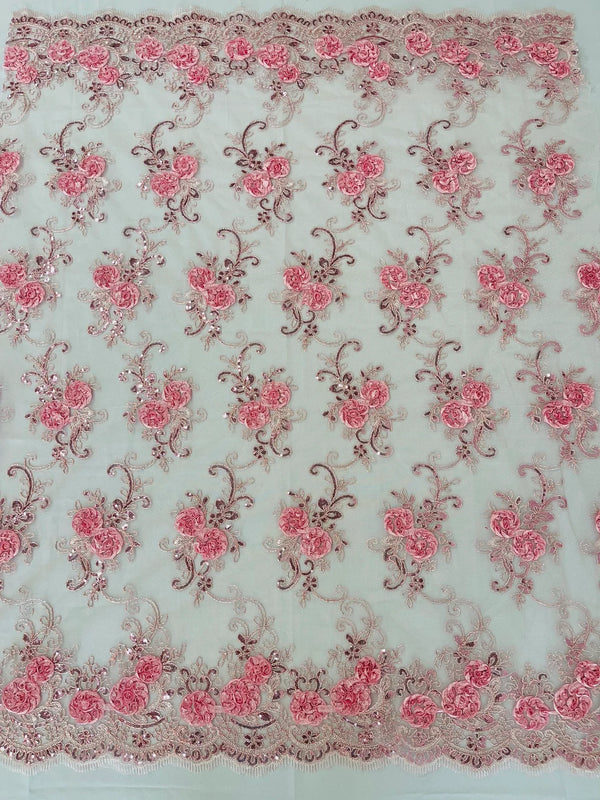 Flower Lace Fabric - Light Pink - Embroidered Flower With Sequins on a Mesh Lace Fabric By Yard
