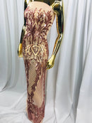 4 Way Stretch - Pink - Triangle Design Sequins Fabric Embroidered Mesh Sold By The Yard