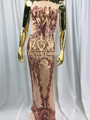 4 Way Stretch - Pink - Triangle Design Sequins Fabric Embroidered Mesh Sold By The Yard