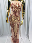 4 Way Stretch - Pink - Triangle Design Sequins Fabric Embroidered Mesh Sold By The Yard