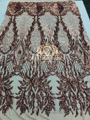 4 Way Stretch - Pink - Triangle Design Sequins Fabric Embroidered Mesh Sold By The Yard