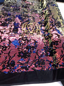 Velvet 4 Way Stretch Shiny Reversible Sequins Fabric Iridescent Raibow/Royal On Black Velvet By Yard