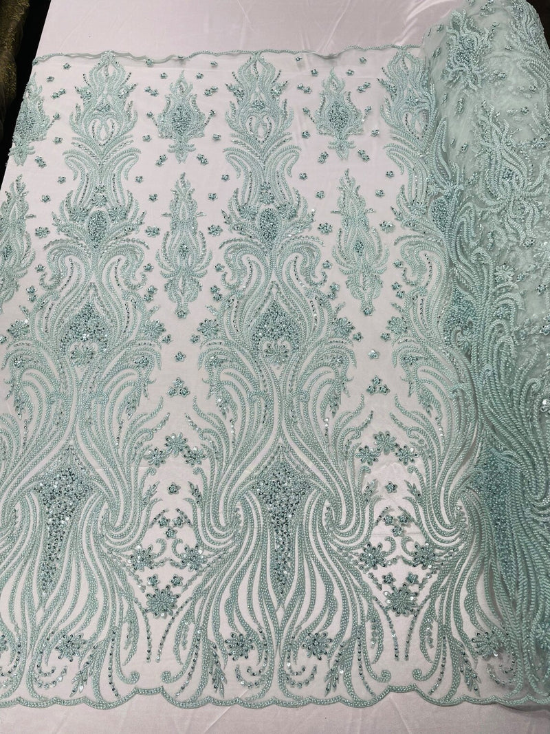 Luxury Bead Design - Mint - Floral Fabric Embroidered w/ Pearls-Beads on Mesh Lace By Yard