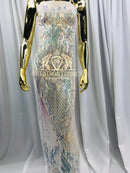 4 Way Stretch - Iridescent Clear - Triangle Design Sequins Fabric Embroidered Mesh Sold By The Yard