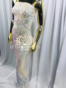 4 Way Stretch - Iridescent Clear - Triangle Design Sequins Fabric Embroidered Mesh Sold By The Yard