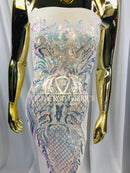 4 Way Stretch - Iridescent Clear - Triangle Design Sequins Fabric Embroidered Mesh Sold By The Yard