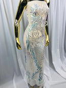 4 Way Stretch - Iridescent Clear - Triangle Design Sequins Fabric Embroidered Mesh Sold By The Yard