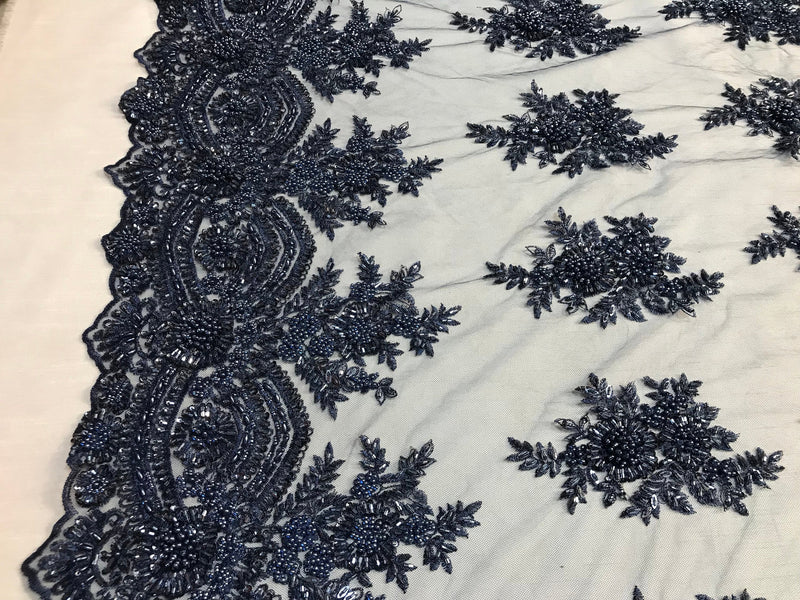 Beaded - Navy Blue - Embroidered Floral Design Fancy Sequins Fabric with Beads Sold By The Yard