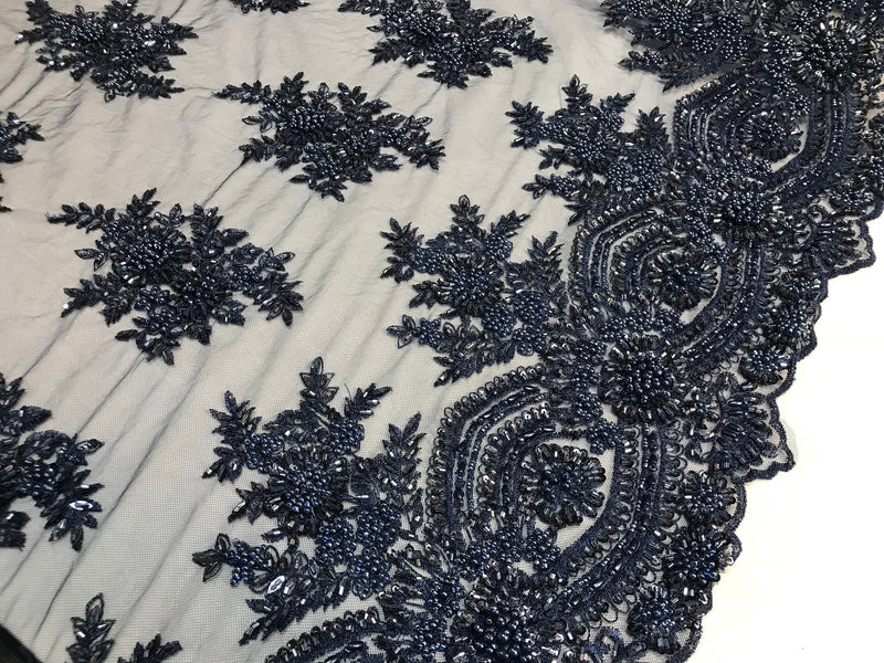 Beaded - Navy Blue - Embroidered Floral Design Fancy Sequins Fabric with Beads Sold By The Yard