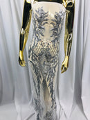 4 Way Stretch - Silver - Triangle Design Sequins Fabric Embroidered Mesh Sold By The Yard