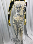 4 Way Stretch - Silver - Triangle Design Sequins Fabric Embroidered Mesh Sold By The Yard