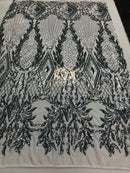 4 Way Stretch - Silver - Triangle Design Sequins Fabric Embroidered Mesh Sold By The Yard