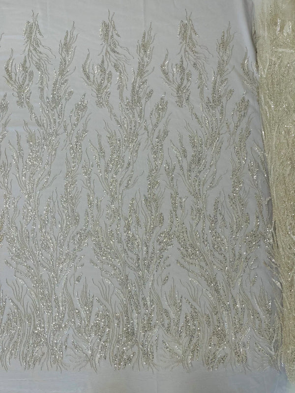 Wavy Plant Lines Bead Fabric - Off-White - Embroidered Beaded Wedding Bridal Fabric Sold By The Yard