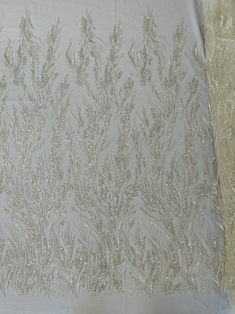 Wavy Plant Lines Bead Fabric - Off-White - Embroidered Beaded Wedding Bridal Fabric Sold By The Yard