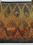 Orange Iridescent Sequins Fabric on Black Mesh, GEOMETRIC Design 4 way Stretch By The Yard