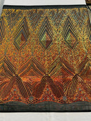 Orange Iridescent Sequins Fabric on Black Mesh, GEOMETRIC Design 4 way Stretch By The Yard