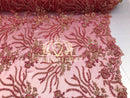 Beaded - Fuschia - Fancy Flower Design Sequins Fabric with Beads Sold By The Yard