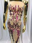 4 Way Stretch - Iridescent Purple - Triangle Design Sequins Fabric Embroidered Mesh Sold By The Yard