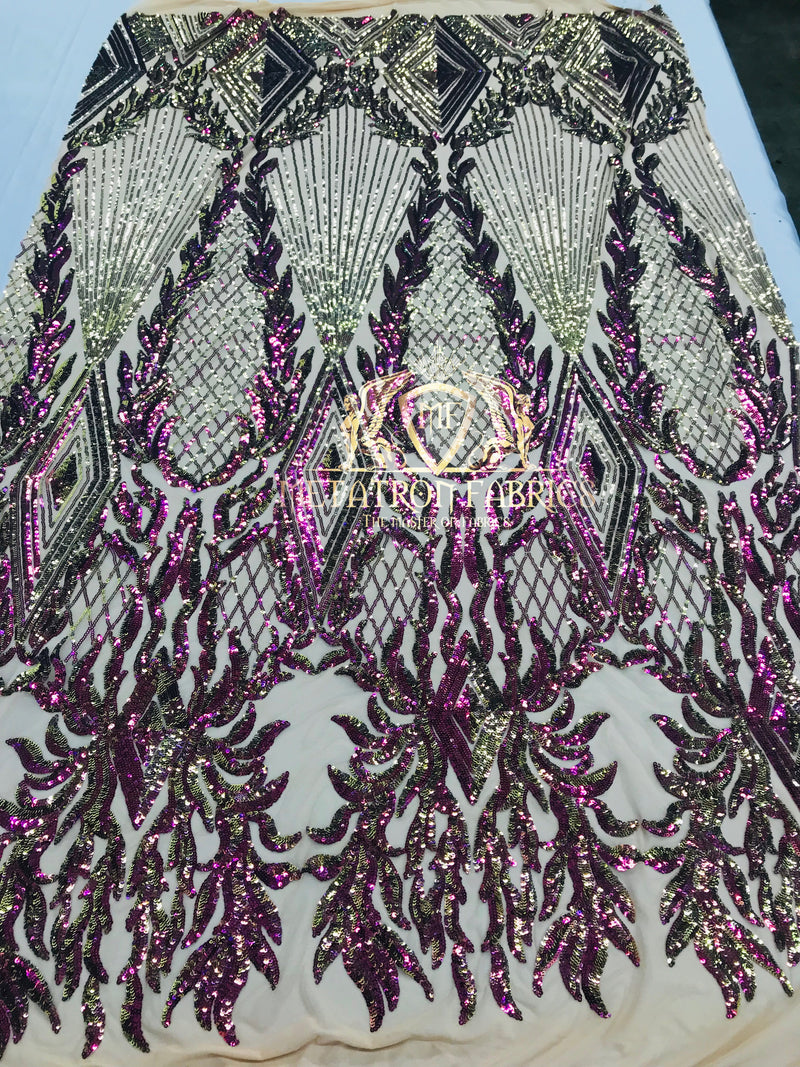 4 Way Stretch - Iridescent Purple - Triangle Design Sequins Fabric Embroidered Mesh Sold By The Yard