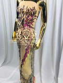 4 Way Stretch - Iridescent Purple - Triangle Design Sequins Fabric Embroidered Mesh Sold By The Yard