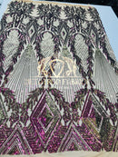 4 Way Stretch - Iridescent Purple - Triangle Design Sequins Fabric Embroidered Mesh Sold By The Yard