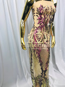 4 Way Stretch - Iridescent Purple - Triangle Design Sequins Fabric Embroidered Mesh Sold By The Yard