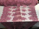 Beaded - Pink - Embroidered Floral Design Fancy Sequins Fabric with Beads Sold By The Yard