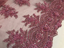 Beaded - Pink - Embroidered Floral Design Fancy Sequins Fabric with Beads Sold By The Yard