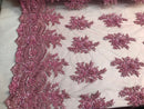 Beaded - Pink - Embroidered Floral Design Fancy Sequins Fabric with Beads Sold By The Yard
