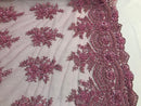 Beaded - Pink - Embroidered Floral Design Fancy Sequins Fabric with Beads Sold By The Yard