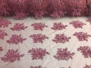 Beaded - Pink - Embroidered Floral Design Fancy Sequins Fabric with Beads Sold By The Yard