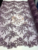Beaded - Lilac Purple - Fancy Flower Design Sequins Fabric with Beads Sold By The Yard