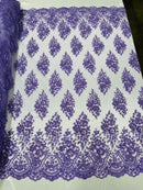 Floral Cluster Bead Fabric - Purple - Sold By The Yard - Embroidered Flower Beaded Fabric