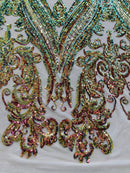 Big Damask Sequins Fabric - Purple Green - 4 Way Stretch Damask Sequins Design Fabric By Yard