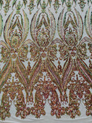 Big Damask Sequins Fabric - Purple Green - 4 Way Stretch Damask Sequins Design Fabric By Yard