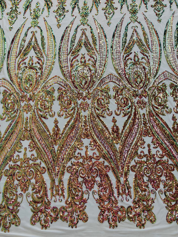 Big Damask Sequins Fabric - Purple Green - 4 Way Stretch Damask Sequins Design Fabric By Yard