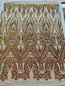 Big Damask Sequins Fabric - Purple Green - 4 Way Stretch Damask Sequins Design Fabric By Yard