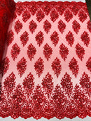 Floral Cluster Bead Fabric - Red - Sold By The Yard - Embroidered Flower Beaded Fabric