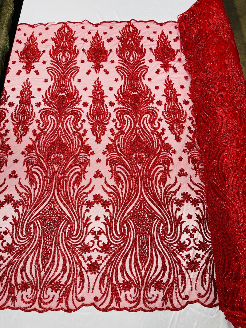 Luxury Bead Design - Red - Floral Fabric Embroidered w/ Pearls-Beads on Mesh Lace By Yard