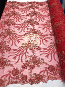 Beaded - Red - Fancy Flower Design Sequins Fabric with Beads Sold By The Yard