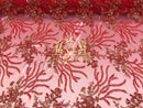 Beaded - Red - Fancy Flower Design Sequins Fabric with Beads Sold By The Yard