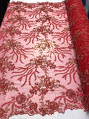 Beaded - Red - Fancy Flower Design Sequins Fabric with Beads Sold By The Yard