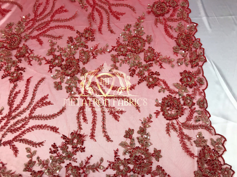 Beaded - Red - Fancy Flower Design Sequins Fabric with Beads Sold By The Yard